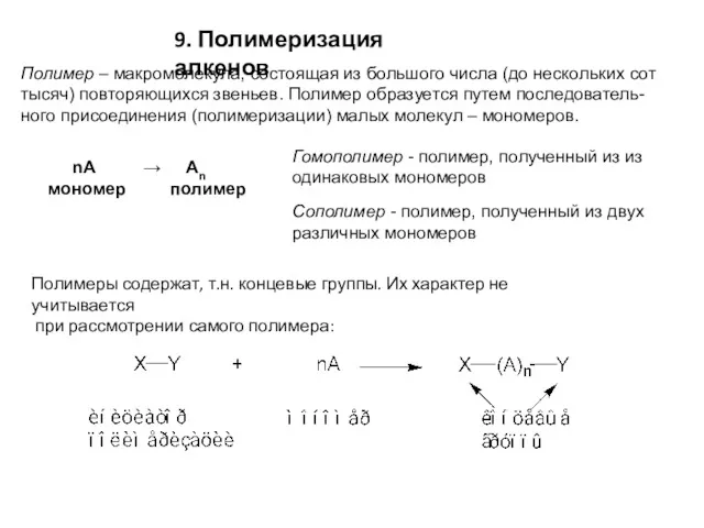 9. Полимеризация алкенов Полимер – макромолекула, состоящая из большого числа