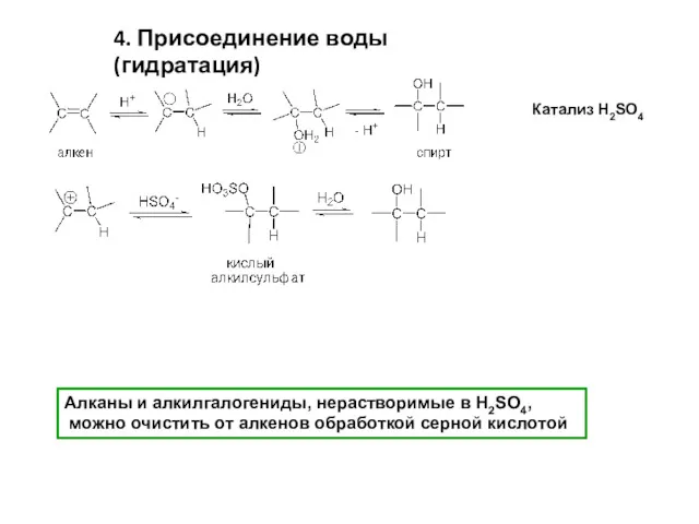4. Присоединение воды (гидратация) Катализ H2SO4 Алканы и алкилгалогениды, нерастворимые