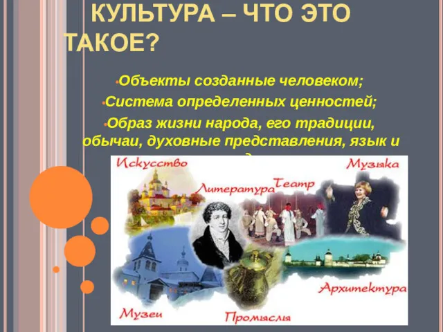 КУЛЬТУРА – ЧТО ЭТО ТАКОЕ? Объекты созданные человеком; Система определенных