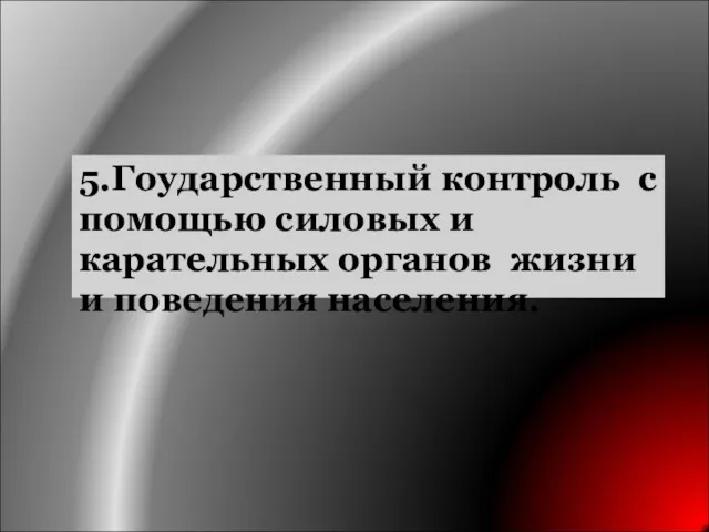 5.Гоударственный контроль с помощью силовых и карательных органов жизни и поведения населения.