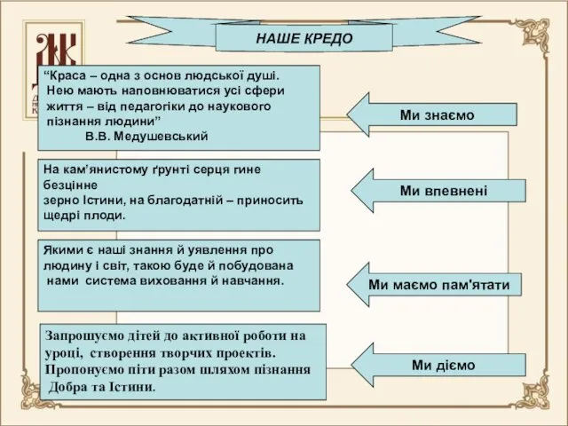 НАШЕ КРЕДО “Краса – одна з основ людської душі. Нею мають наповнюватися усі