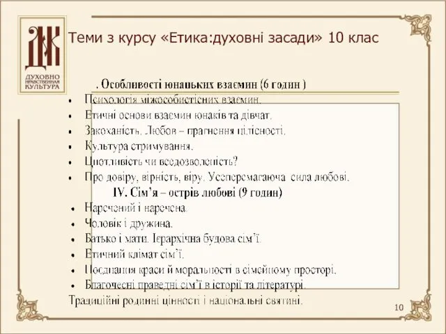 Теми з курсу «Етика:духовні засади» 10 клас