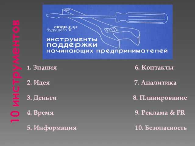 10 инструментов 1. Знания 6. Контакты 2. Идея 7. Аналитика