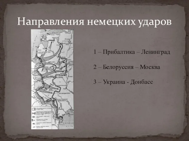 Направления немецких ударов 1 – Прибалтика – Ленинград 2 – Белоруссия – Москва