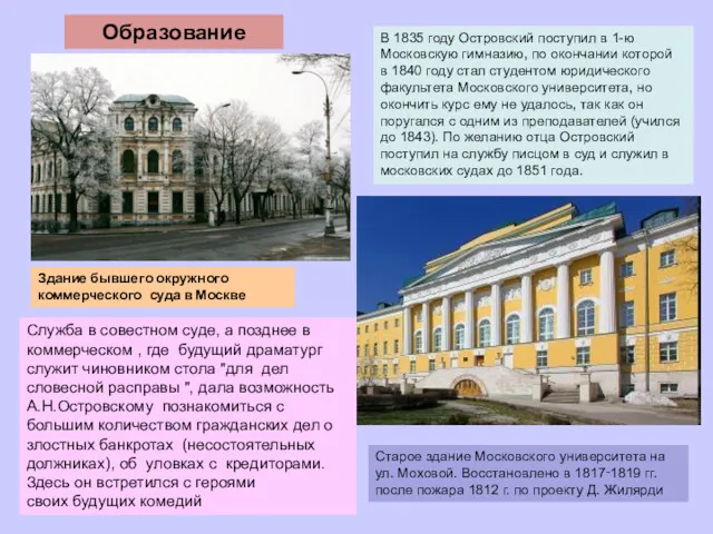 Образование В 1835 году Островский поступил в 1-ю Московскую гимназию,