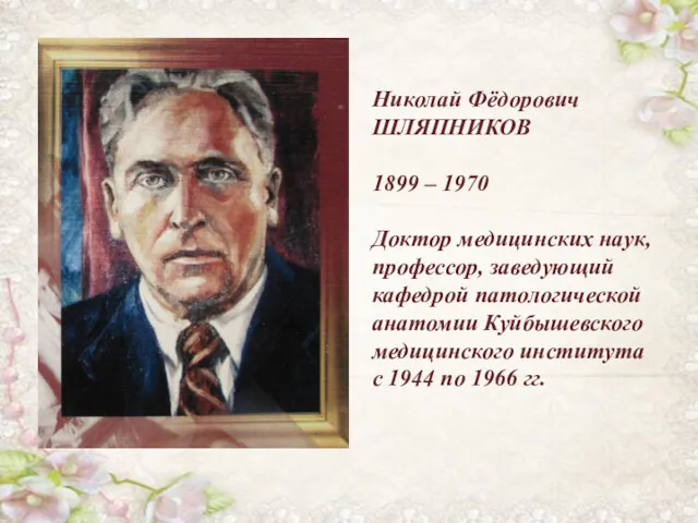Николай Фёдорович ШЛЯПНИКОВ 1899 – 1970 Доктор медицинских наук, профессор, заведующий кафедрой патологической