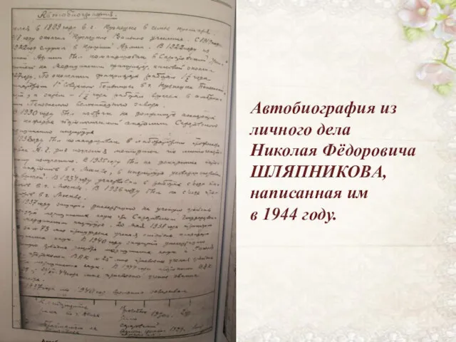 Автобиография из личного дела Николая Фёдоровича ШЛЯПНИКОВА, написанная им в 1944 году.