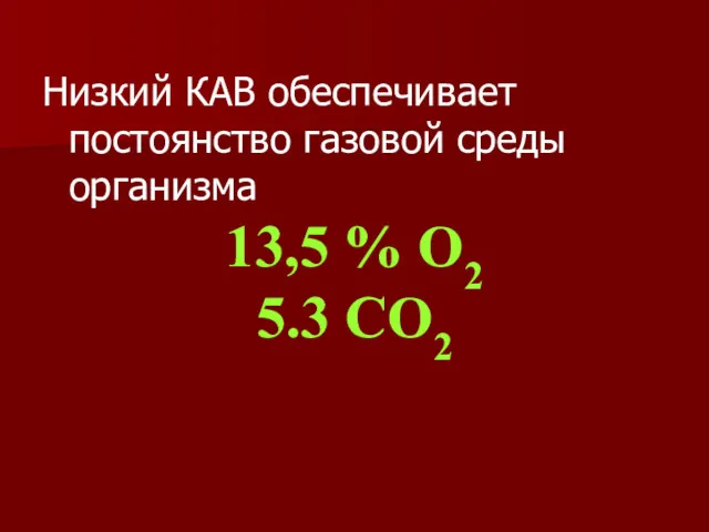 Низкий КАВ обеспечивает постоянство газовой среды организма 13,5 % О2 5.3 СО2