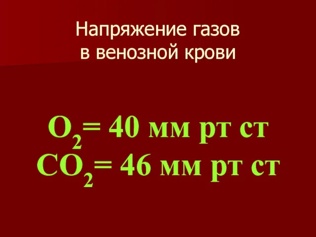 Напряжение газов в венозной крови О2= 40 мм рт ст СО2= 46 мм рт ст