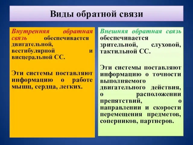 Виды обратной связи Внутренняя обратная связь обеспечивается двигательной, вестибулярной и