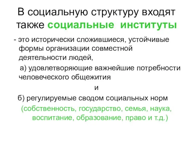 В социальную структуру входят также социальные институты - это исторически