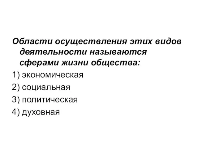 Области осуществления этих видов деятельности называются сферами жизни общества: 1)