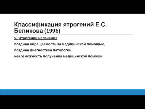 Классификация ятрогений Е.С.Беликова (1996) VI. Ятрогении нелечения поздняя обращаемость за