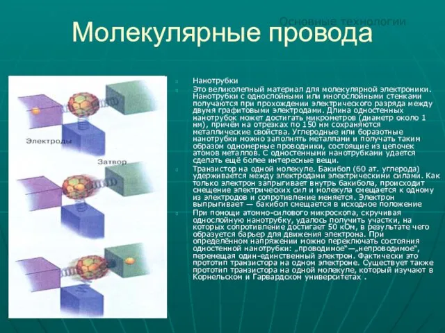 Молекулярные провода Нанотрубки Это великолепный материал для молекулярной электроники. Нанотрубки