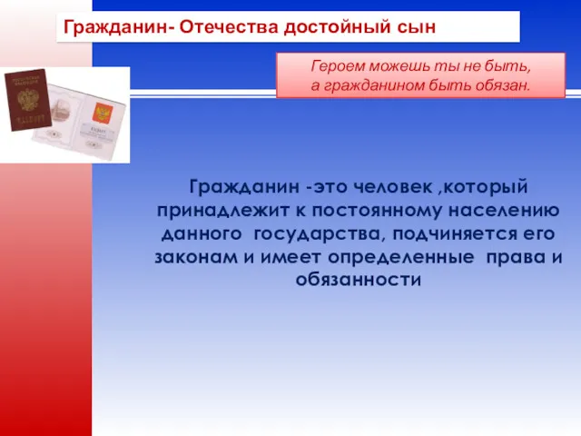 Гражданин- Отечества достойный сын Гражданин -это человек ,который принадлежит к