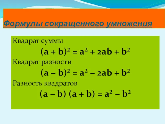 Формулы сокращенного умножения Квадрат суммы (а + b)² = a²