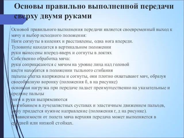 Основы правильно выполненной передачи сверху двумя руками Основой правильного выполнения