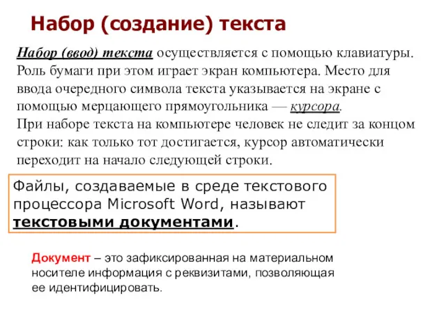 Набор (создание) текста Файлы, создаваемые в среде текстового процессора Microsoft