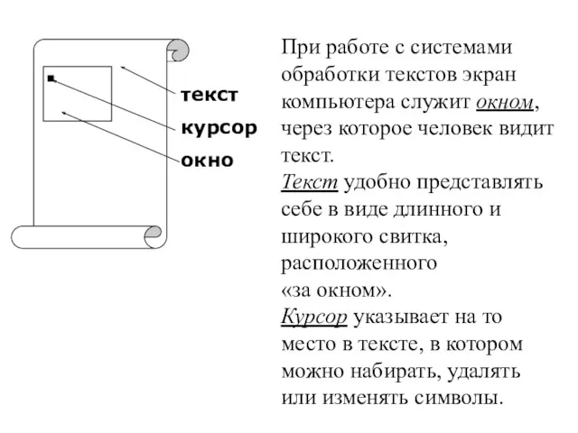 При работе с системами обработки текстов экран компьютера служит окном,