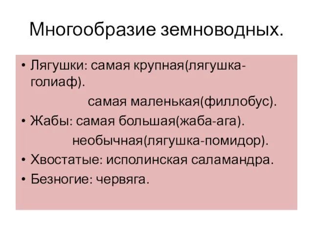 Многообразие земноводных. Лягушки: самая крупная(лягушка-голиаф). самая маленькая(филлобус). Жабы: самая большая(жаба-ага). необычная(лягушка-помидор). Хвостатые: исполинская саламандра. Безногие: червяга.