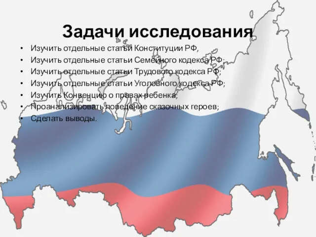 Задачи исследования Изучить отдельные статьи Конституции РФ, Изучить отдельные статьи