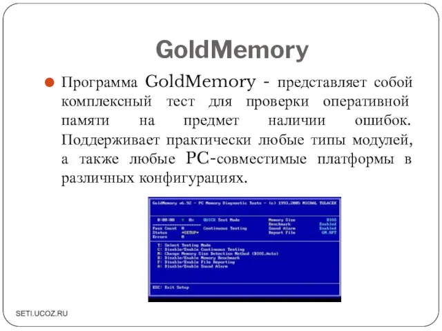 GoldMemory Программа GoldMemory - представляет собой комплексный тест для проверки