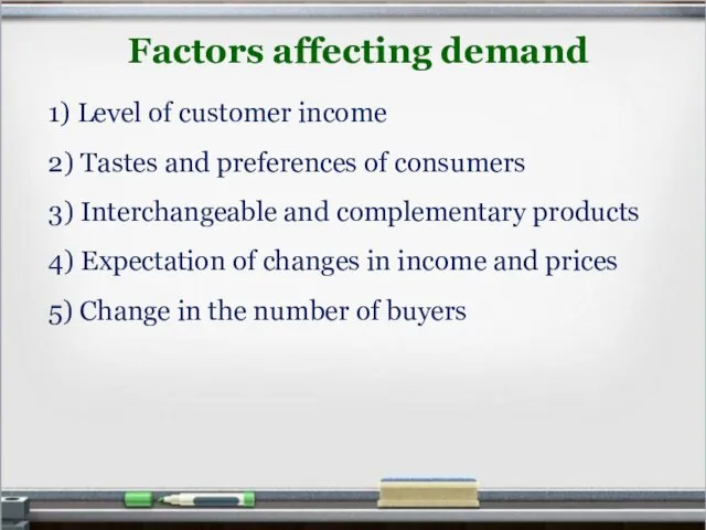 Factors affecting demand 1) Level of customer income 2) Tastes