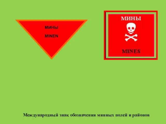 Международный знак обозначения минных полей и районов МИНЫ МINEN