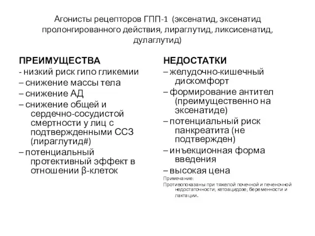 Агонисты рецепторов ГПП-1 (эксенатид, эксенатид пролонгированного действия, лираглутид, ликсисенатид, дулаглутид)