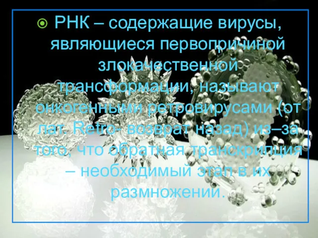 РНК – содержащие вирусы, являющиеся первопричиной злокачественной трансформации, называют онкогенными