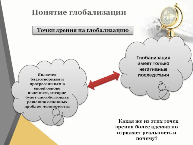 Понятие глобализации Точки зрения на глобализацию Является благотворным и прогрессивным