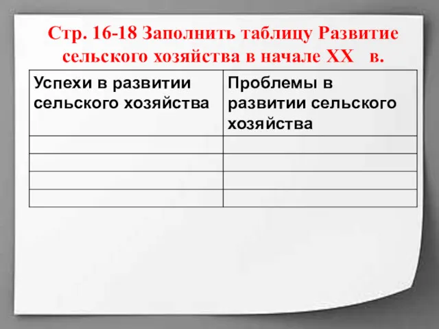 Стр. 16-18 Заполнить таблицу Развитие сельского хозяйства в начале XX в.