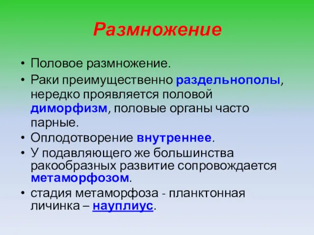 Размножение Половое размножение. Раки преимущественно раздельнополы, нередко проявляется половой диморфизм,