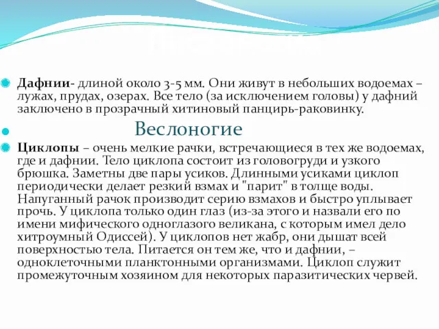 Листоногие Дафнии- длиной около 3-5 мм. Они живут в небольших