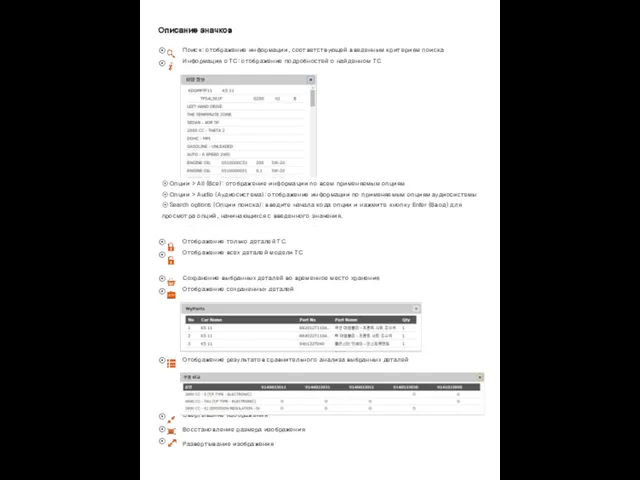 Поиск: отображение информации, соответствующей введенным критериям поиска Информация о ТС: отображение подробностей о