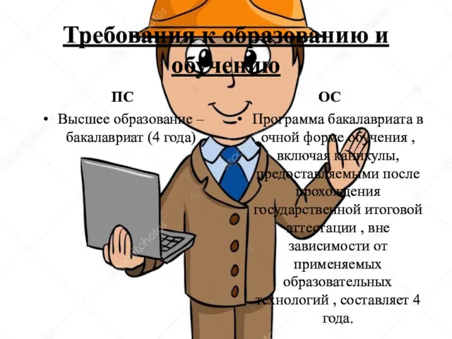 Требования к образованию и обучению ПС Высшее образование – бакалавриат (4 года) ОС