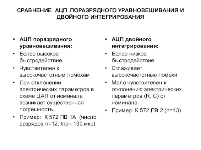 СРАВНЕНИЕ АЦП ПОРАЗРЯДНОГО УРАВНОВЕШИВАНИЯ И ДВОЙНОГО ИНТЕГРИРОВАНИЯ АЦП поразрядного уравновешивания: