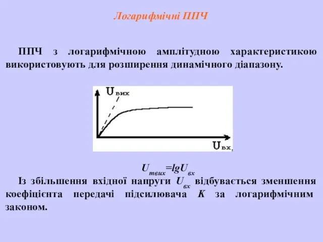 ППЧ з логарифмічною амплітудною характеристикою використовують для розширення динамічного діапазону. Логарифмічні ППЧ Umвих=lgUвх