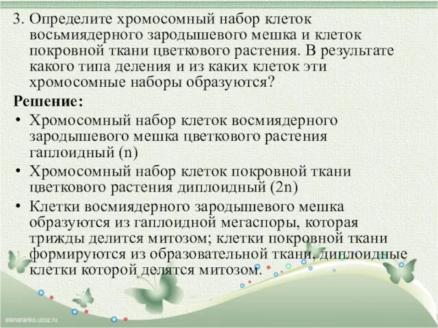 3. Определите хромосомный набор клеток восьмиядерного зародышевого мешка и клеток