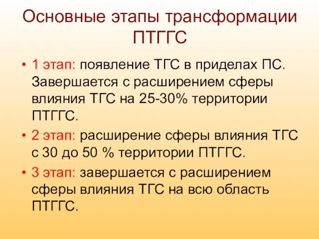 Основные этапы трансформации ПТГГС 1 этап: появление ТГС в приделах