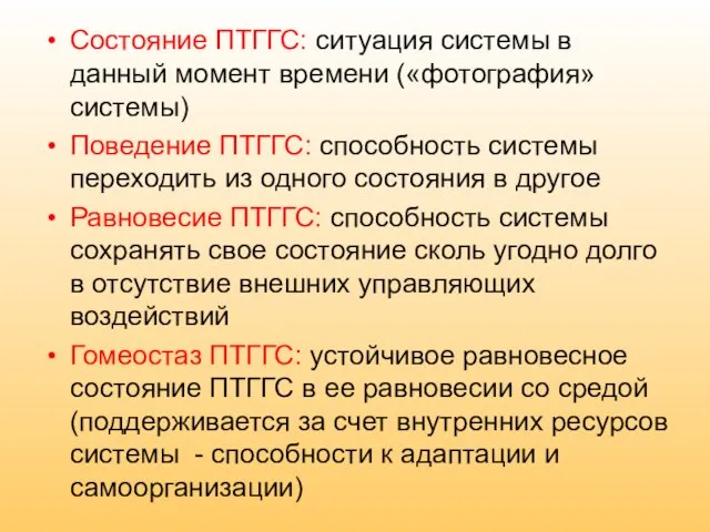 Состояние ПТГГС: ситуация системы в данный момент времени («фотография» системы)