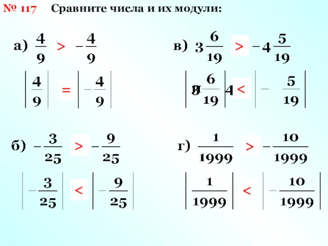 № 117 Сравните числа и их модули: > = > > >