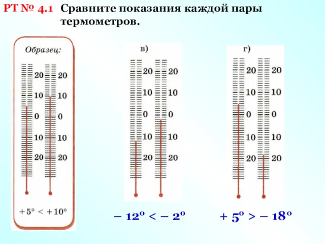 РТ № 4.1 Сравните показания каждой пары термометров. – 12о + 5о > – 18о