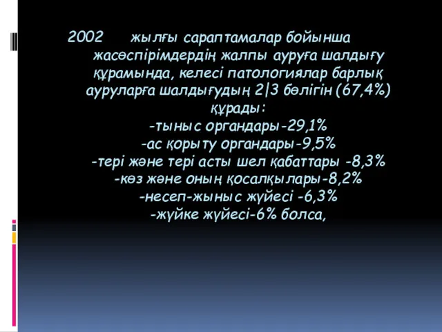 жылғы сараптамалар бойынша жасөспірімдердің жалпы ауруға шалдығу құрамында, келесі патологиялар