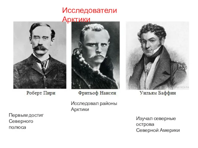 Исследователи Арктики Первым достиг Северного полюса Исследовал районы Арктики Изучал северные острова Северной Америки