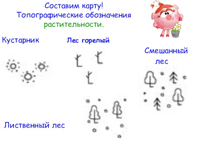 Составим карту! Топографические обозначения растительности. Кустарник Лес горелый Смешанный лес Лиственный лес