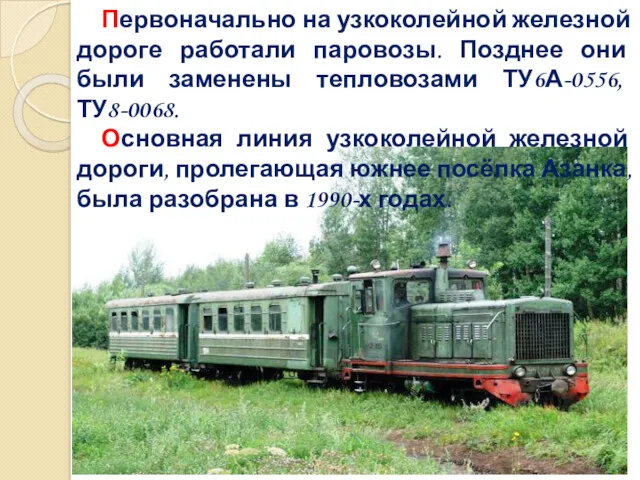 Первоначально на узкоколейной железной дороге работали паровозы. Позднее они были