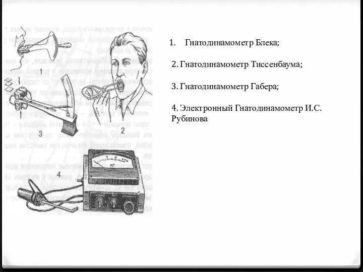 Гнатодинамометр Блека; 2. Гнатодинамометр Тиссенбаума; 3. Гнатодинамометр Габера; 4. Электронный Гнатодинамометр И.С. Рубинова