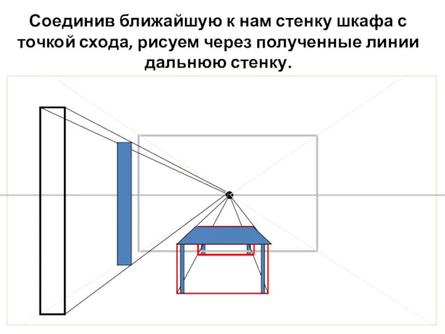 Соединив ближайшую к нам стенку шкафа с точкой схода, рисуем через полученные линии дальнюю стенку.