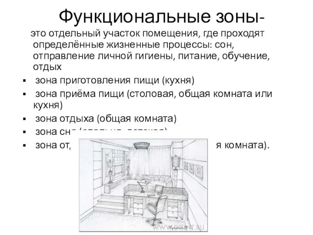 Функциональные зоны- это отдельный участок помещения, где проходят определённые жизненные